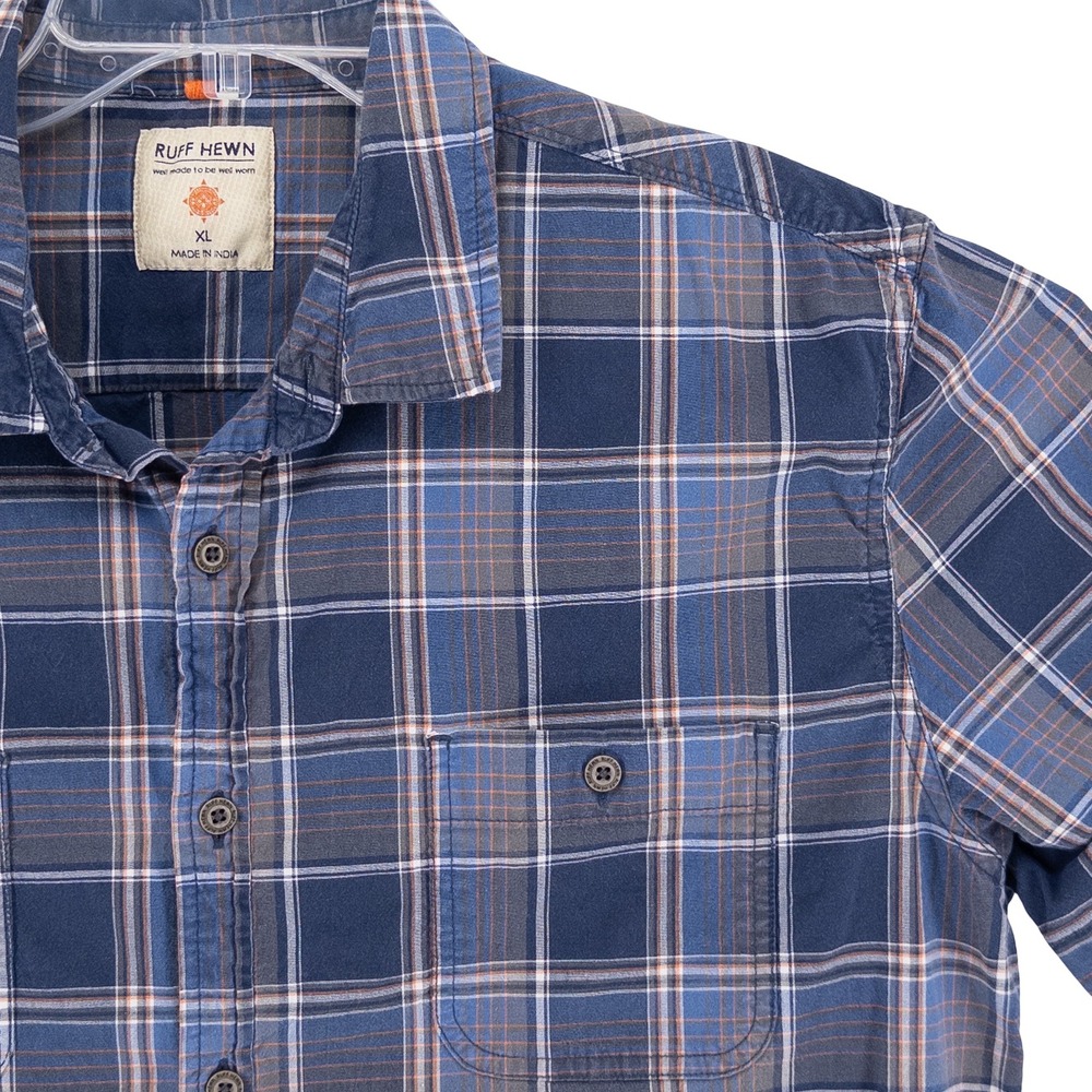 Ruff Hewn Mens XL Shirt Blue Plaid Short Sleeve Button Down Stretch Casual Gorp